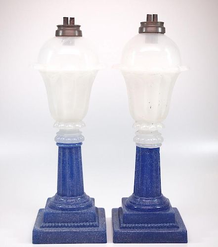 Pressed Tulip and Column oil/fluid lamps, pair