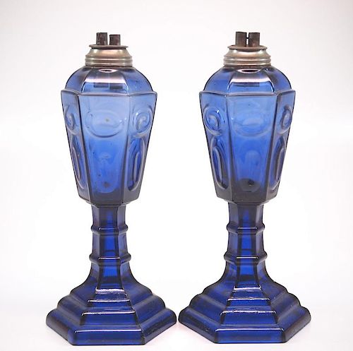 Pressed Circle and Ellipse oil/fluid lamps, pair