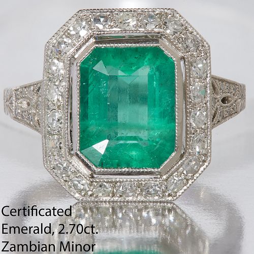 CERTIFICATED EMERALD AND DIAMOND CLUSTER RING