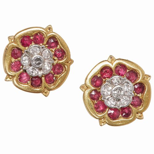 PAIR OF RUBY AND DIAMOND FLORAL CLUSTER EARRINGS
