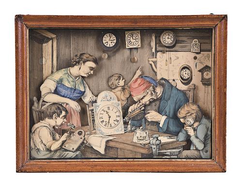 An amusing late 19th century German clockwork picture featuring a clockmaker and his family