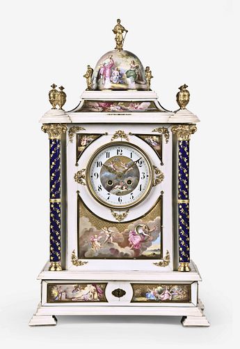 An unusual large late 19th century Austro Hungarian ivory and enamel table clock