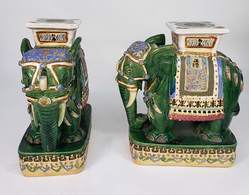 Pair of Vintage Green Glazed Figural Ceramic Chinese Royal Elephant Garden Stools Â 