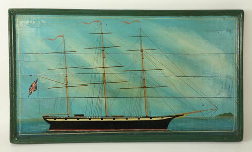 Naive Painting of a British Clipper on Antique Hardwood