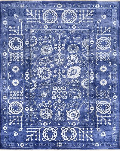 Hand Knotted Blue and White Wool and Silk Tabriz Oriental Rug
