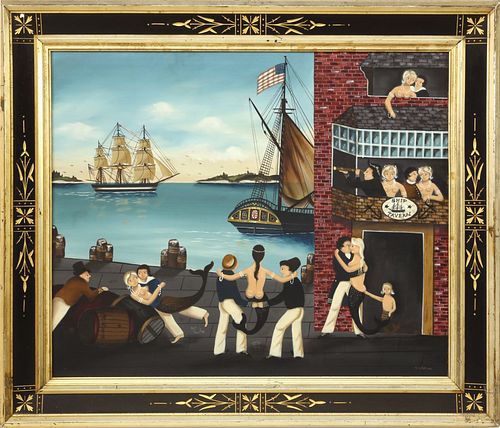 Ralph Eugene Cahoon Jr. Oil on Masonite "Sailors Cavorting with Mermaids at Ship Tavern"
