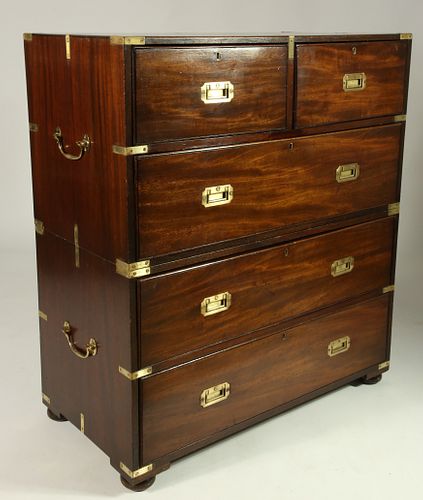 British Two-Part Brass Bound Mahogany Campaign Chest, 19th Century