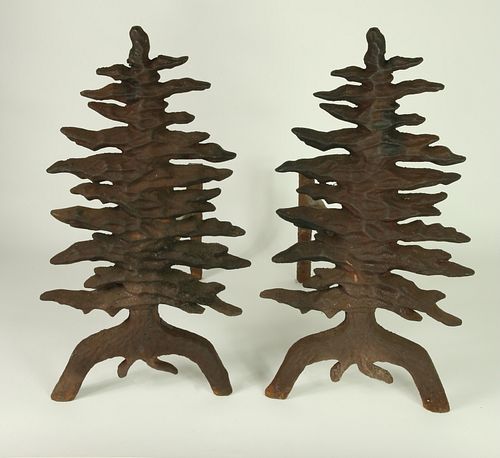 Rare Pair of Antique Cast Iron Figural Pine Tree Andirons, circa 1900