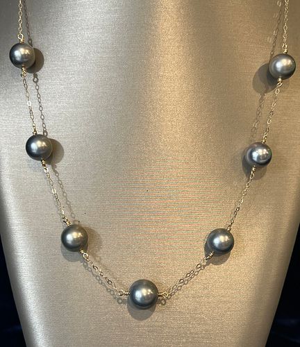 11mm-12mm Tahitian South Sea Pearl Tin Cup Necklace, 10k Gold