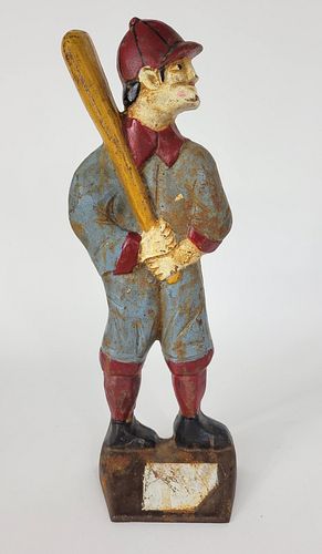 Large Vintage Painted Cast Iron Baseball Player Doorstop