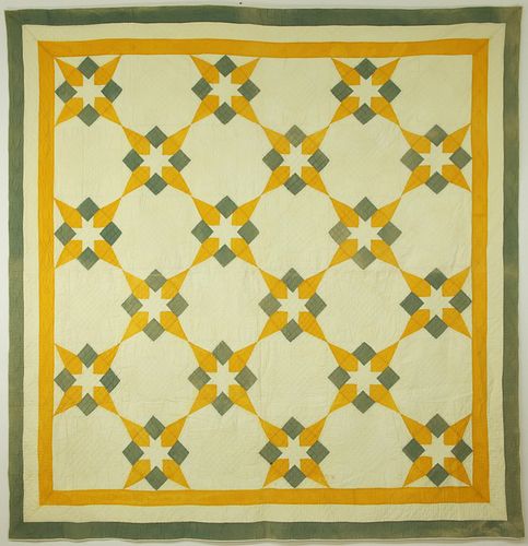 Vintage Yellow and Green Star in a Box Quilt, Creme Ground, circa 1930s