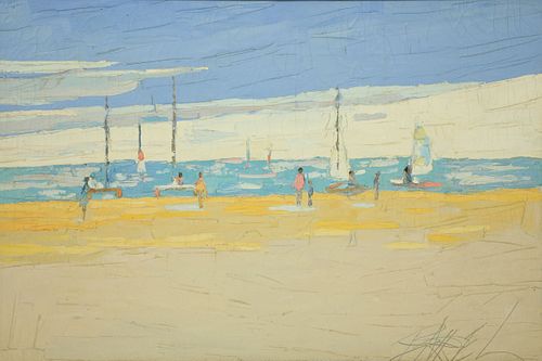 Impressionist Oil on Canvas "Beach Scene", 20th Century