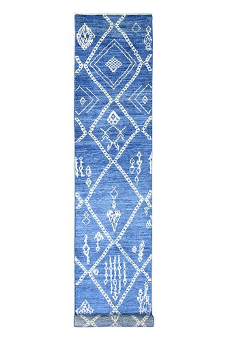 Hand Knotted Wool Denim Blue Boujaad Moroccan Berber Design Carpet Runner