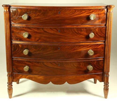 American Sheraton Mahogany Bow Front Chest of Four Drawers, circa 1830