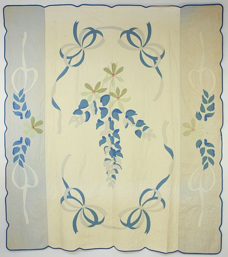 Blue and White Floral Applique Quilt, circa 1930s