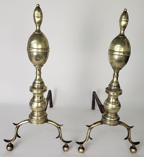 Pair of Antique Brass New York Double Lemon Top Andirons, 19th century