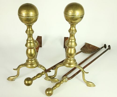 Pair of Period Brass Ball Top Andirons, 19th Century