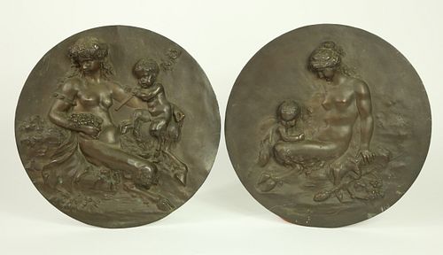 After Claude Michel Clodion Pair of Bronze-Clad Metal Bas-Reliefs of Satyress and Child, 19th Century