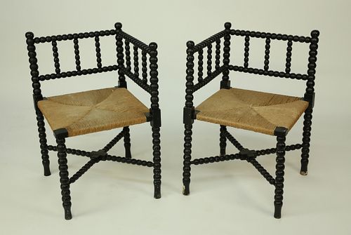 Pair of Antique Spool Rush Seat Corner Chairs