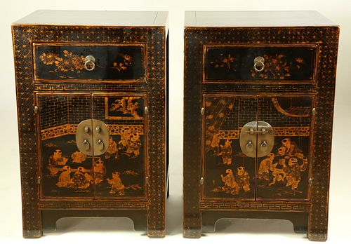 Pair of Chinese Black Lacquer Hand Painted Bedside Cabinets