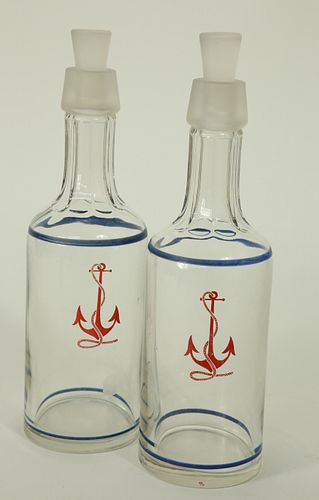 Pair of Red Anchor Decorated Glass Decanters with Stoppers