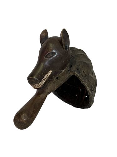 African Tribal Makonde Animal Rattle/ Mask, Dog or Hyena. 20th Century.