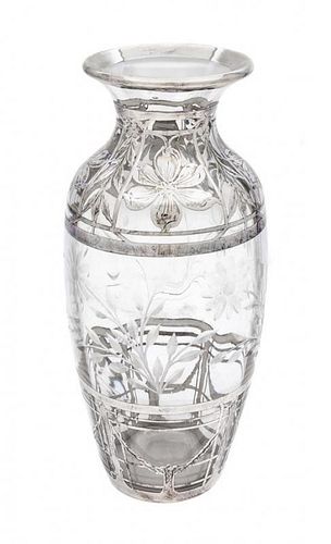 * A Silver Overlay Wheel Cut Glass Vase Height 12 3/8 inches.