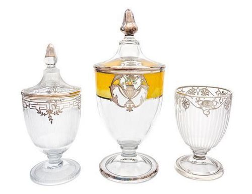 * Three Silver Overlay Glass Covered Urns Height of tallest 13 inches.