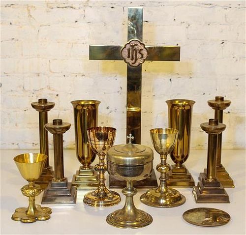 * A Collection of Gilt Metal Ecclesiastical Articles Height of tallest 23 3/4 inches.