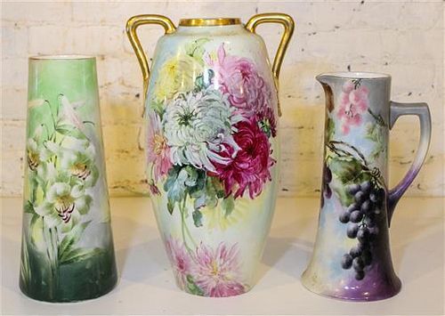 * Three Continental Painted Porcelain Vessels. Height of tallest 17 1/2 inches.