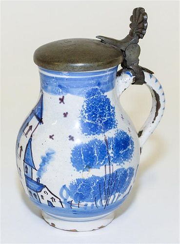 A Delft Pewter Mounted Pitcher Height 6 1/2 inches.