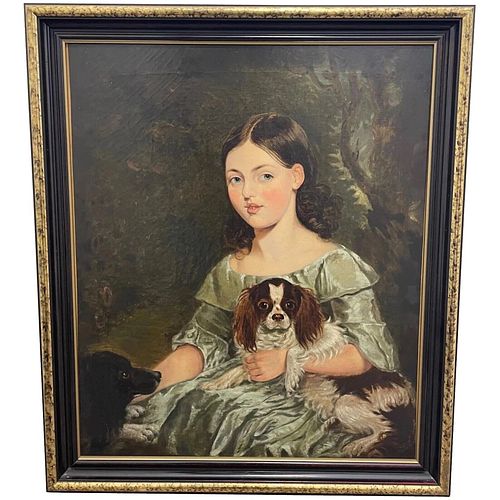 PORTRAIT OF A GIRL WITH HER TWO CAVALIER KING CHARLES DOGS OIL PAINTING