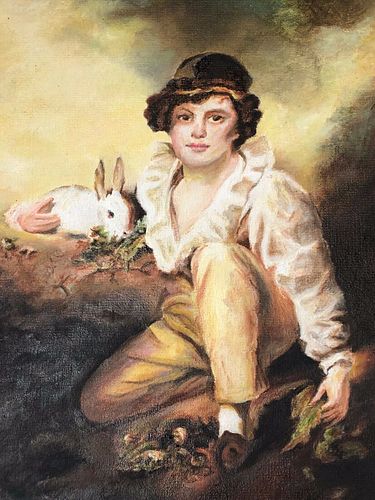 YOUNG BOY & RABBIT OIL PAINTING