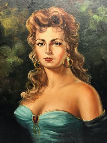 LADY IN A TURQUOISE DRESS PORTRAIT OIL PAINTING
