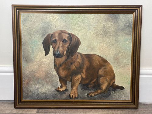 PORTRAIT OF A DACHSHUND DOG OIL PAINTING