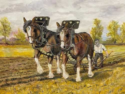 FARMER WITH SHIRE HORSE PULLING PLOUGH OIL PAINTING