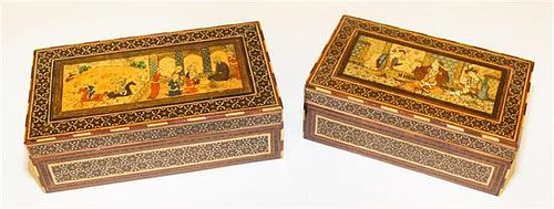 Two Persian Lacquered Boxes Width of larger 7 inches.