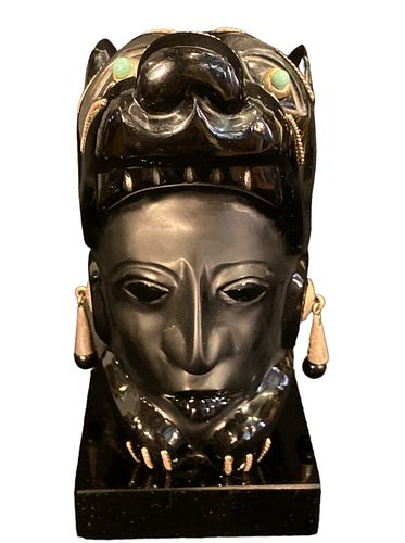 Black Onyx, Obsidian, Sterling Silver & Turquoise Jaguar Head Figural Statue