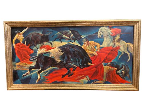 Mid Century Large Spanish Bull Fighting Embellished Print