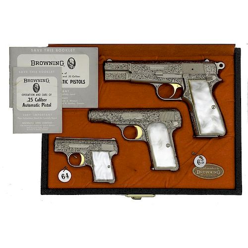 **Cased Set of Engraved Browning Renaisssance Semi-Auto Pistols Lot of Three