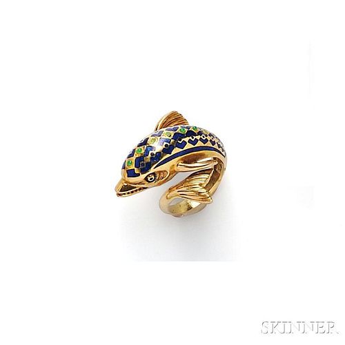18kt Gold and Enamel Dolphin Ring