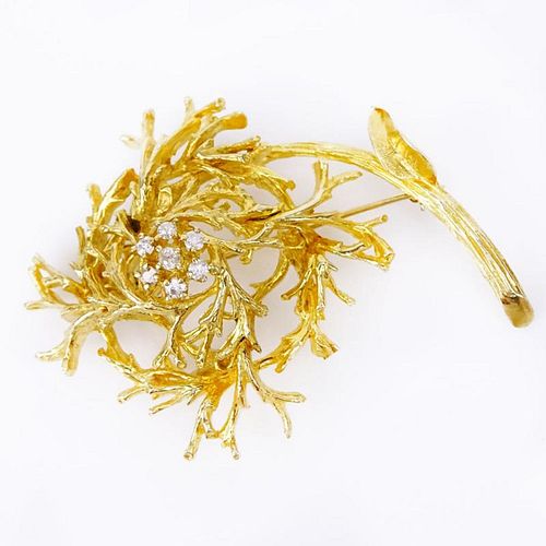 Vintage 14 Karat Yellow Gold and Round Brilliant Cut Diamond Flowering Branch Brooch