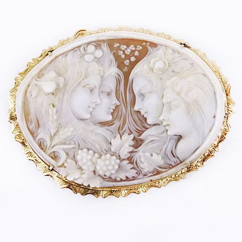 Large Antique Art Nouveau Finely Carved Shell Cameo and 14 Karat Yellow Gold Pendant/Brooch