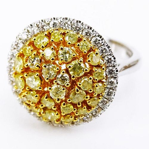 .91 Carat Natural Fancy Yellow Diamond, .35 Carat Round Diamonds and 18 Karat White Gold Dome Ring