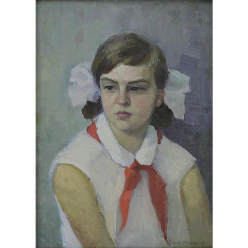20th Century Russian Oil on Canvas "Portrait Of A Girl"