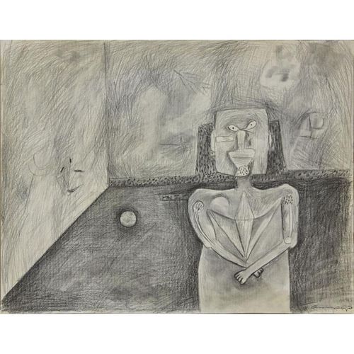 Attributed to: Rufino Tamayo, Mexican (1899 -1991) Charcoal on paper "Figure In A Room"