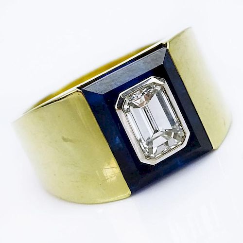 Men's Vintage Approx. 1.75 Carat Emerald Cut Diamond and Heavy 18 Karat Yellow Gold Ring