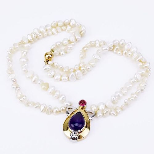 Vintage Double Strand Baroque Pearl Necklace with 14 Karat Yellow Gold, Cabochon Amethyst and Cabochon Tourmaline Pendant