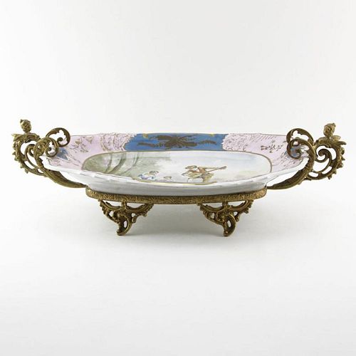 19th Century Sevres Bronze Mounted Louis XVI Style Gilt Hand Painted Centerpiece Bowl