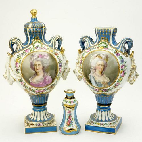 Pair of 19/20th Century French Sevres Louis XVI style Bleu Celeste Porcelain Covered Urns